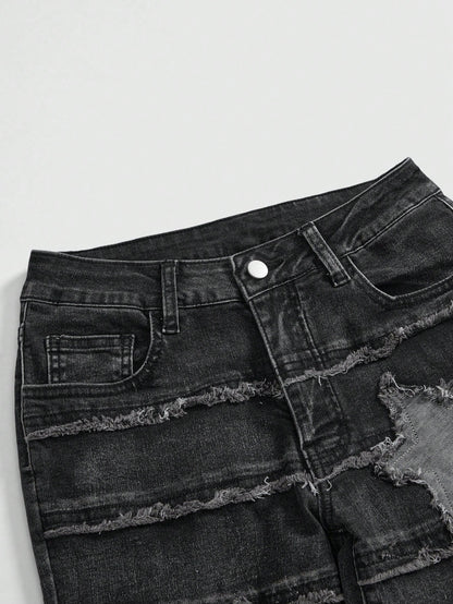 ROMWE Grunge Punk Pantalones vaqueros de tiro bajo con lavado desteñido, parches bordados con estrella y efecto desgastado en estilo Y2K