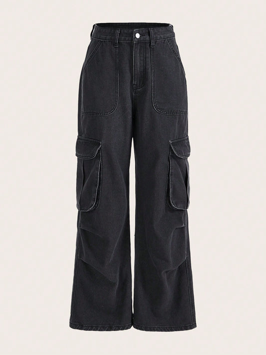 ROMWE Grunge Punk Pantalones vaqueros largos hasta el suelo, holgados, de estilo callejero y punk, con bolsillo tipo cargo, de color gris pared
