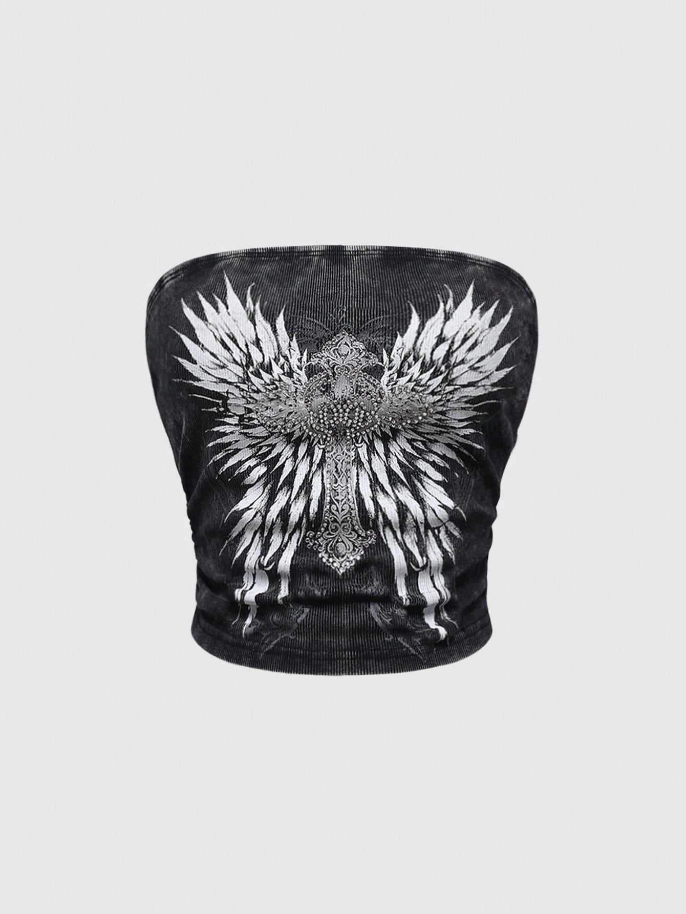 ROMWE Grunge Punk Parte superior de halter para mujer con adorno de cristal con diseño de cruz y alas
