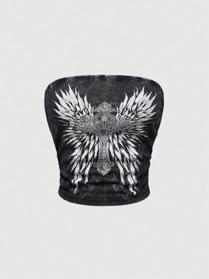 ROMWE Grunge Punk Parte superior de halter para mujer con adorno de cristal con diseño de cruz y alas