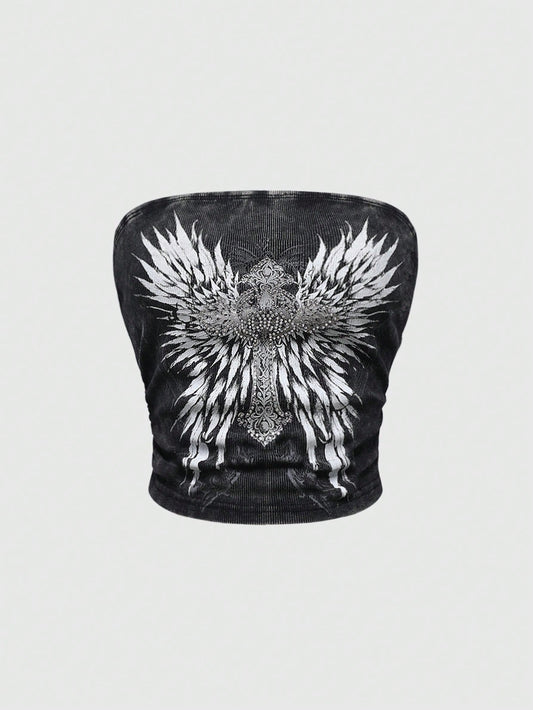 ROMWE Grunge Punk Parte superior de halter para mujer con adorno de cristal con diseño de cruz y alas