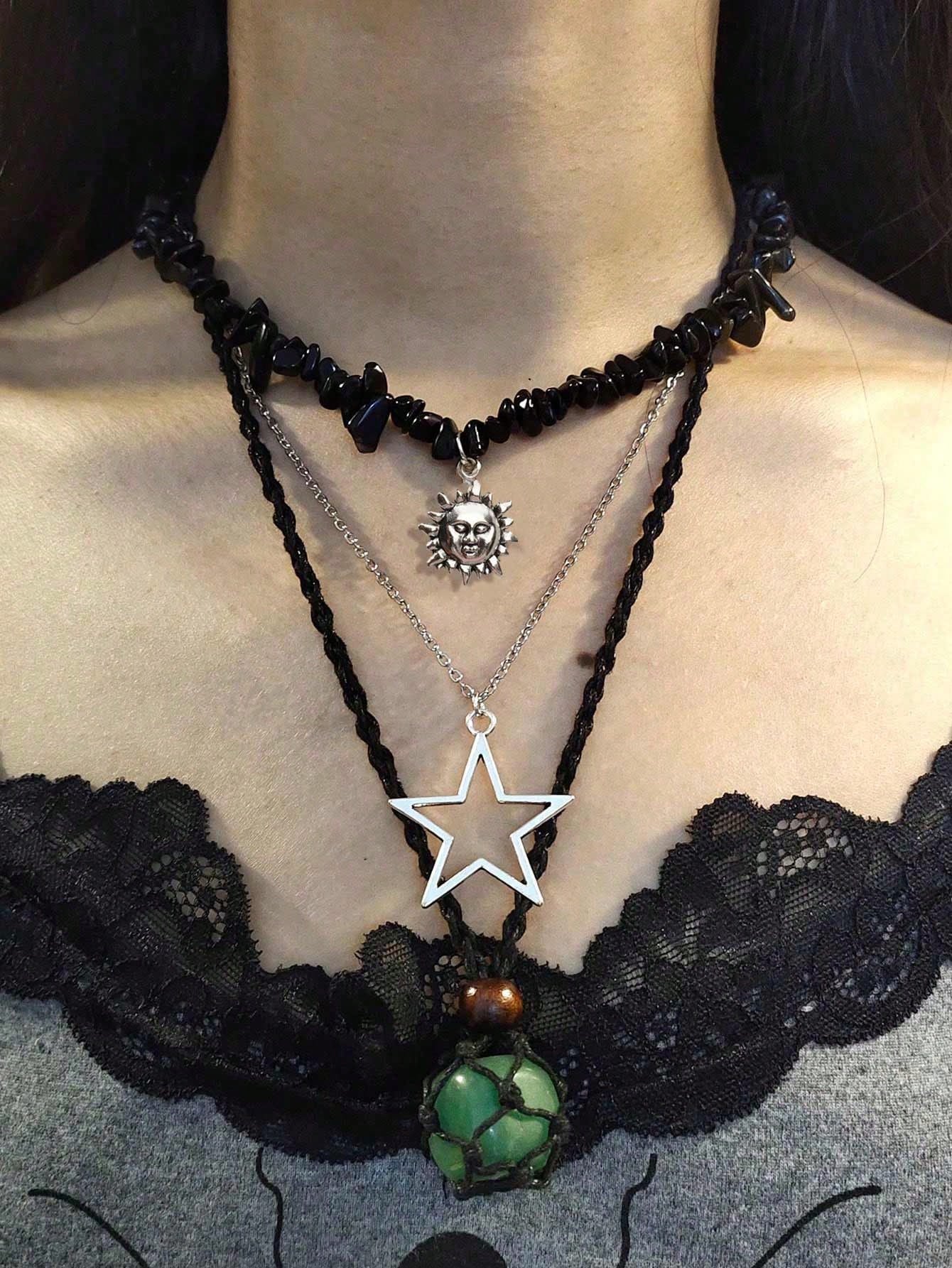 ROMWE Grunge Punk Set de 3 collares con colgante de piedra tallada tipo estrella gigante natural, joyería bohemia para mujeres