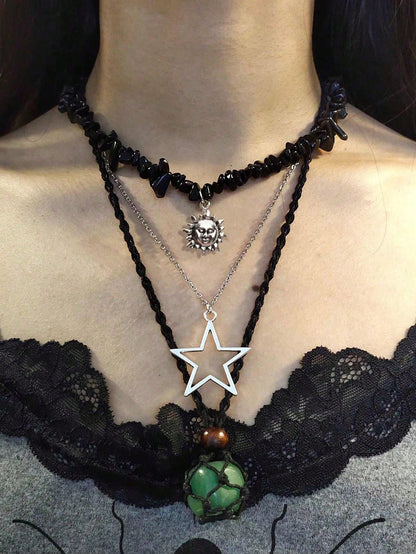 ROMWE Grunge Punk Set de 3 collares con colgante de piedra tallada tipo estrella gigante natural, joyería bohemia para mujeres