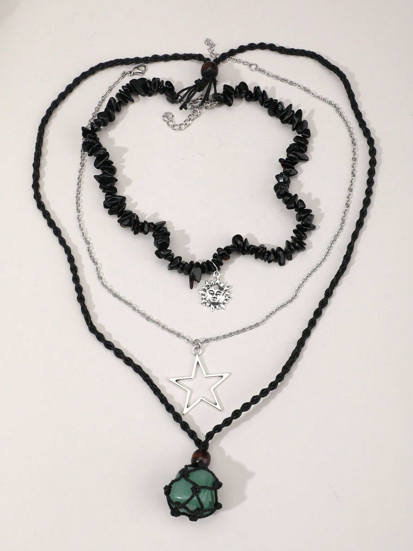ROMWE Grunge Punk Set de 3 collares con colgante de piedra tallada tipo estrella gigante natural, joyería bohemia para mujeres