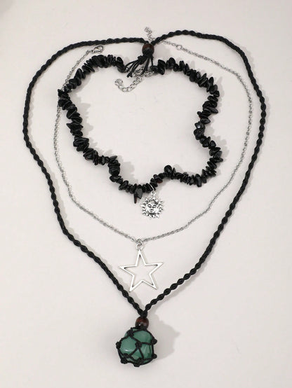 ROMWE Grunge Punk Set de 3 collares con colgante de piedra tallada tipo estrella gigante natural, joyería bohemia para mujeres