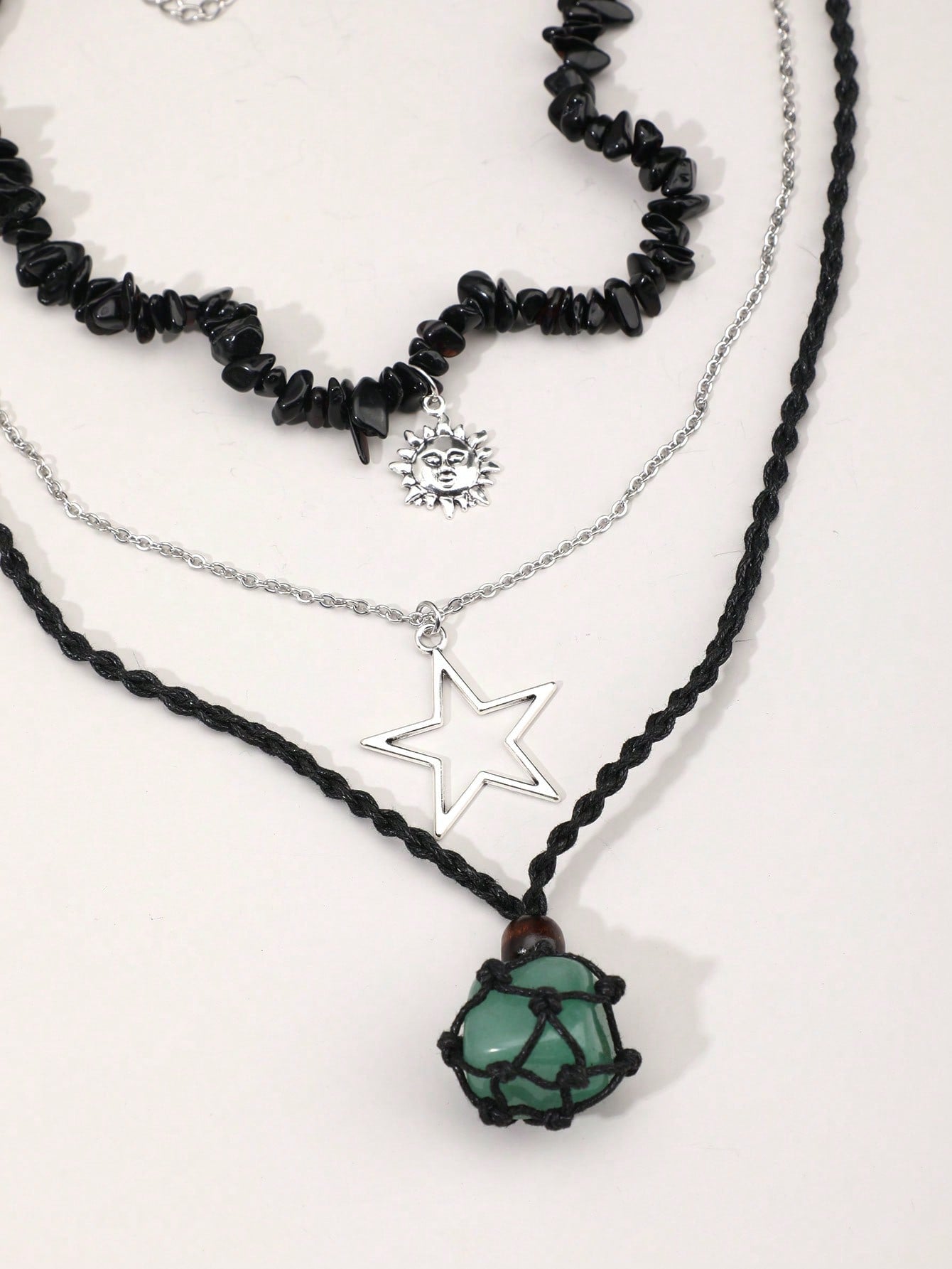 ROMWE Grunge Punk Set de 3 collares con colgante de piedra tallada tipo estrella gigante natural, joyería bohemia para mujeres