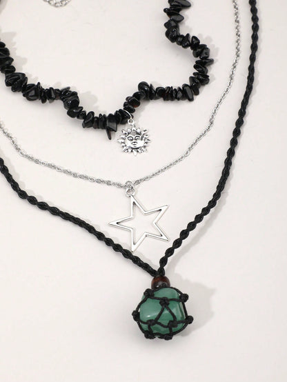 ROMWE Grunge Punk Set de 3 collares con colgante de piedra tallada tipo estrella gigante natural, joyería bohemia para mujeres