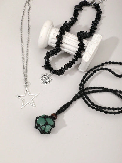 ROMWE Grunge Punk Set de 3 collares con colgante de piedra tallada tipo estrella gigante natural, joyería bohemia para mujeres