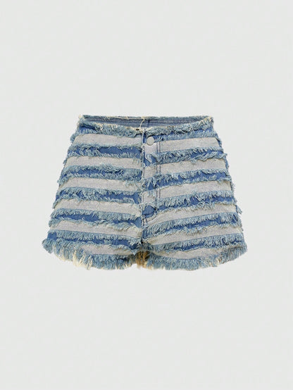 ROMWE Grunge Punk Short de mezclilla sexy para mujer con cintura baja, diseño vintage de retazos, desgarrado y dobladillo deshilachado
