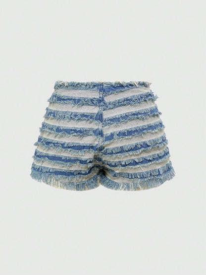 ROMWE Grunge Punk Short de mezclilla sexy para mujer con cintura baja, diseño vintage de retazos, desgarrado y dobladillo deshilachado