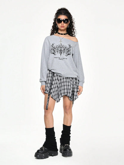 ROMWE Grunge Punk Sudadera con hombros abiertos con estampado de lemas punk para mujer