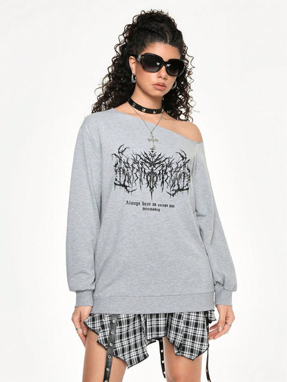 ROMWE Grunge Punk Sudadera con hombros abiertos con estampado de lemas punk para mujer