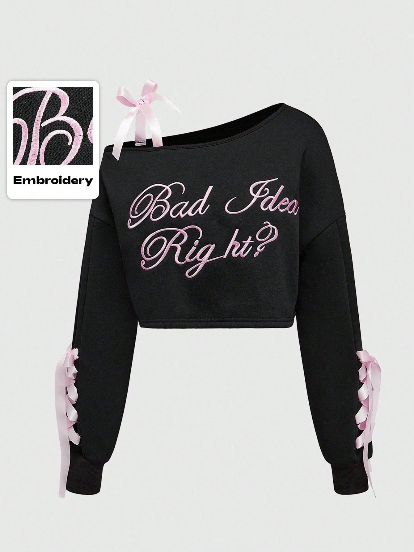 ROMWE Grunge Punk Sudadera holgada para mujer de manga larga con bloque de color, logo bordado, cuello asimétrico y lazo, estilo callejero para el Día de San Valentín Gyaru