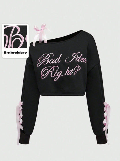 ROMWE Grunge Punk Sudadera holgada para mujer de manga larga con bloque de color, logo bordado, cuello asimétrico y lazo, estilo callejero para el Día de San Valentín Gyaru