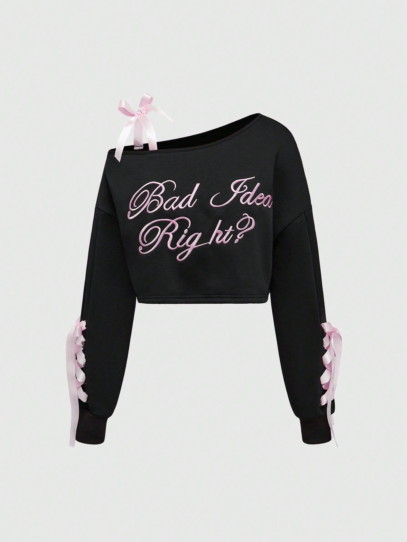 ROMWE Grunge Punk Sudadera holgada para mujer de manga larga con bloque de color, logo bordado, cuello asimétrico y lazo, estilo callejero para el Día de San Valentín Gyaru