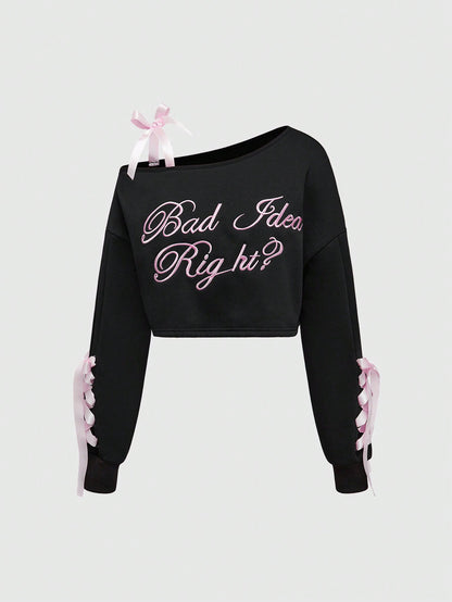 ROMWE Grunge Punk Sudadera holgada para mujer de manga larga con bloque de color, logo bordado, cuello asimétrico y lazo, estilo callejero para el Día de San Valentín Gyaru