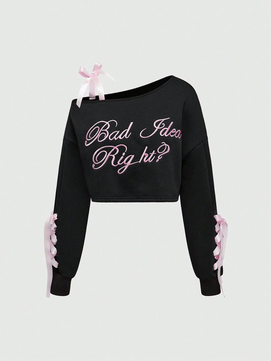 ROMWE Grunge Punk Sudadera holgada para mujer de manga larga con bloque de color, logo bordado, cuello asimétrico y lazo, estilo callejero para el Día de San Valentín Gyaru