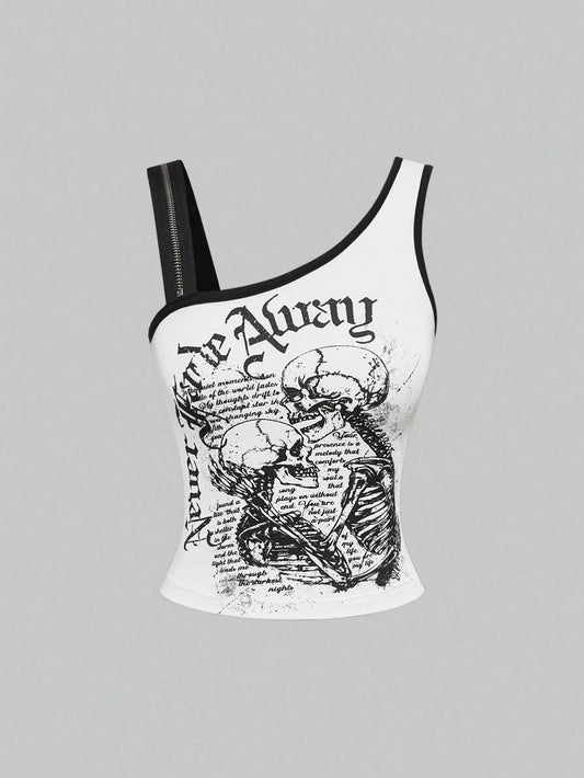 ROMWE Grunge Punk Top ajustado asimétrico de mujer con gráfico de esqueleto punk para festival de música