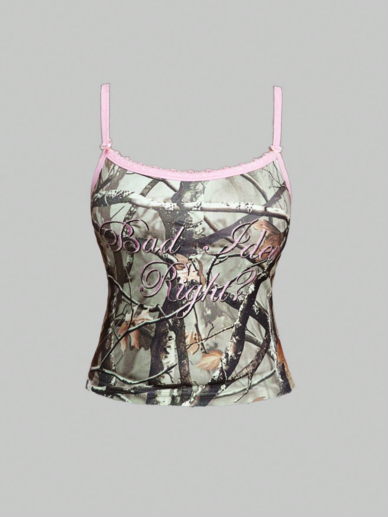 ROMWE Grunge Punk Top ajustado de tirantes con bordado de letra dulce y picante, estampado de camuflaje de hoja, y ribete de encaje en todo el diseño, estilo Y2K