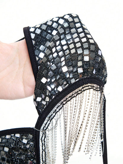 ROMWE Grunge Punk Top camiseta de tirantes con cuello halter, tajo sexy, adorno de flecos y parches de pedrería para mujer