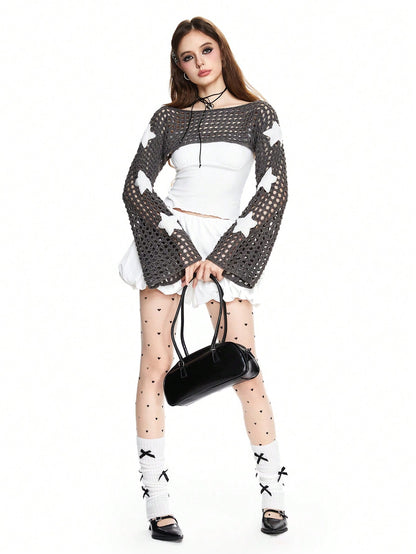 ROMWE Grunge Punk Top con tirantes acampanados, adecuada para colocar sobre camisetas o tirantes finos, con bordado de estrellas Hollow Out