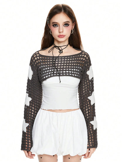 ROMWE Grunge Punk Top con tirantes acampanados, adecuada para colocar sobre camisetas o tirantes finos, con bordado de estrellas Hollow Out