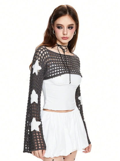 ROMWE Grunge Punk Top con tirantes acampanados, adecuada para colocar sobre camisetas o tirantes finos, con bordado de estrellas Hollow Out