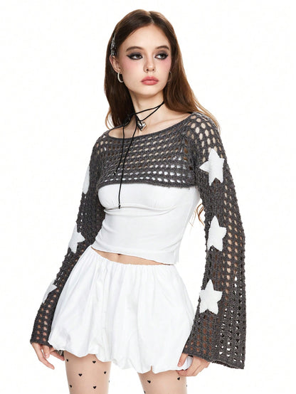 ROMWE Grunge Punk Top con tirantes acampanados, adecuada para colocar sobre camisetas o tirantes finos, con bordado de estrellas Hollow Out