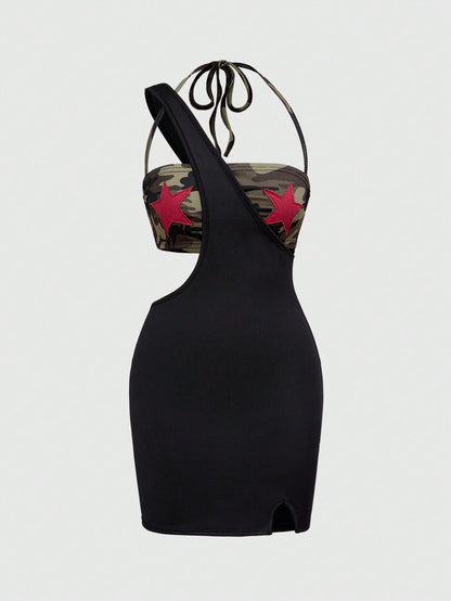 ROMWE Grunge Punk Top corto sin tirantes con estampado de camuflaje Y2K sexy