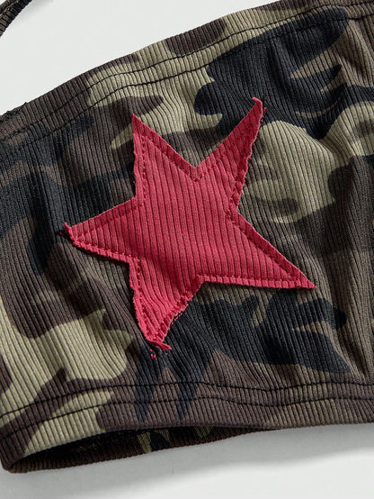 ROMWE Grunge Punk Top corto sin tirantes con estampado de camuflaje Y2K sexy