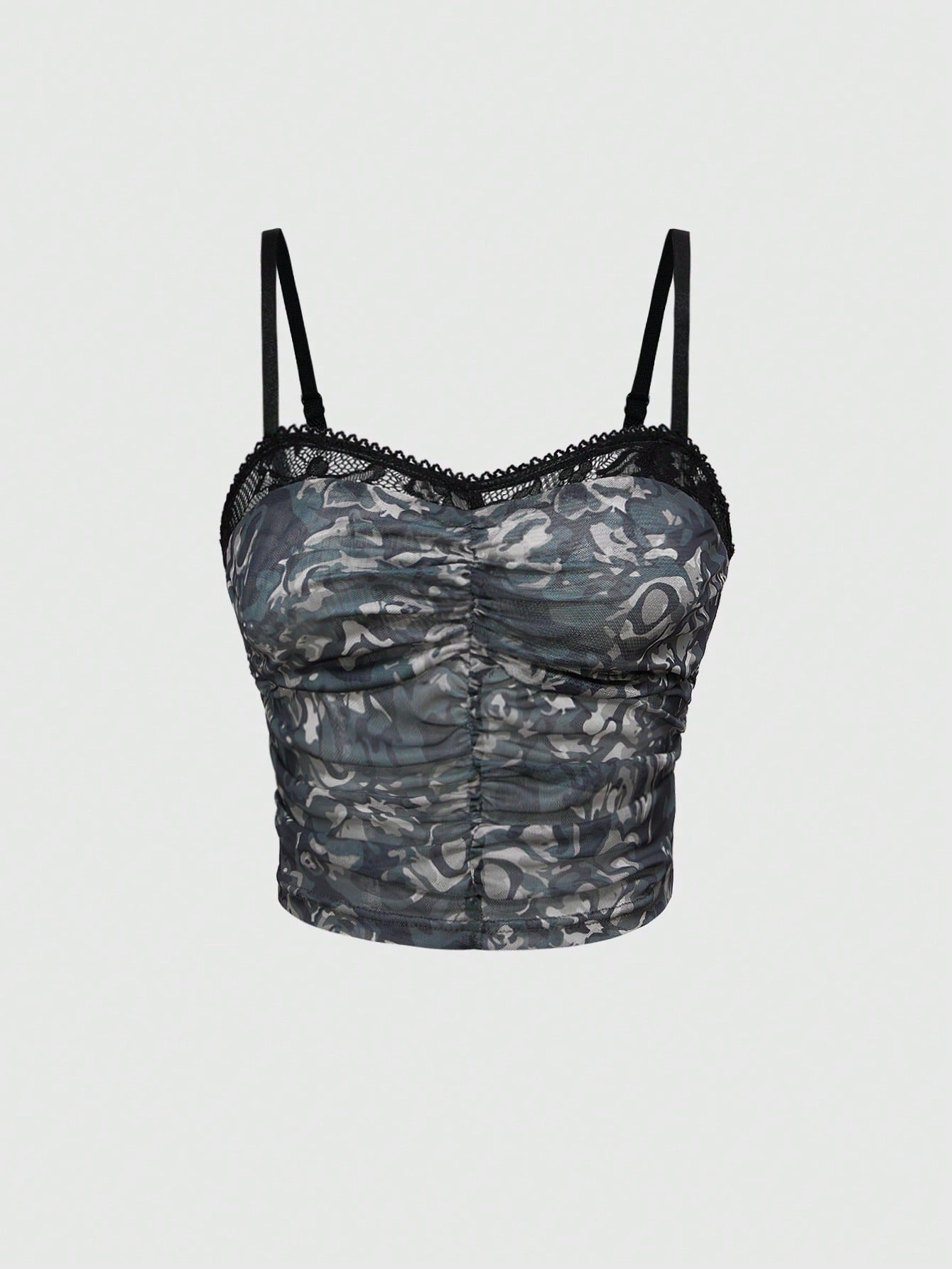 ROMWE Grunge Punk Top de camuflaje con pliegues para mujer
