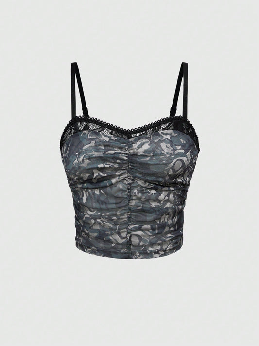 ROMWE Grunge Punk Top de camuflaje con pliegues para mujer