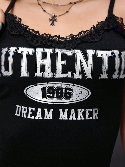 ROMWE Grunge Punk Top de mujer con patchwork de encaje en estilo deportivo y estadounidense Y2K