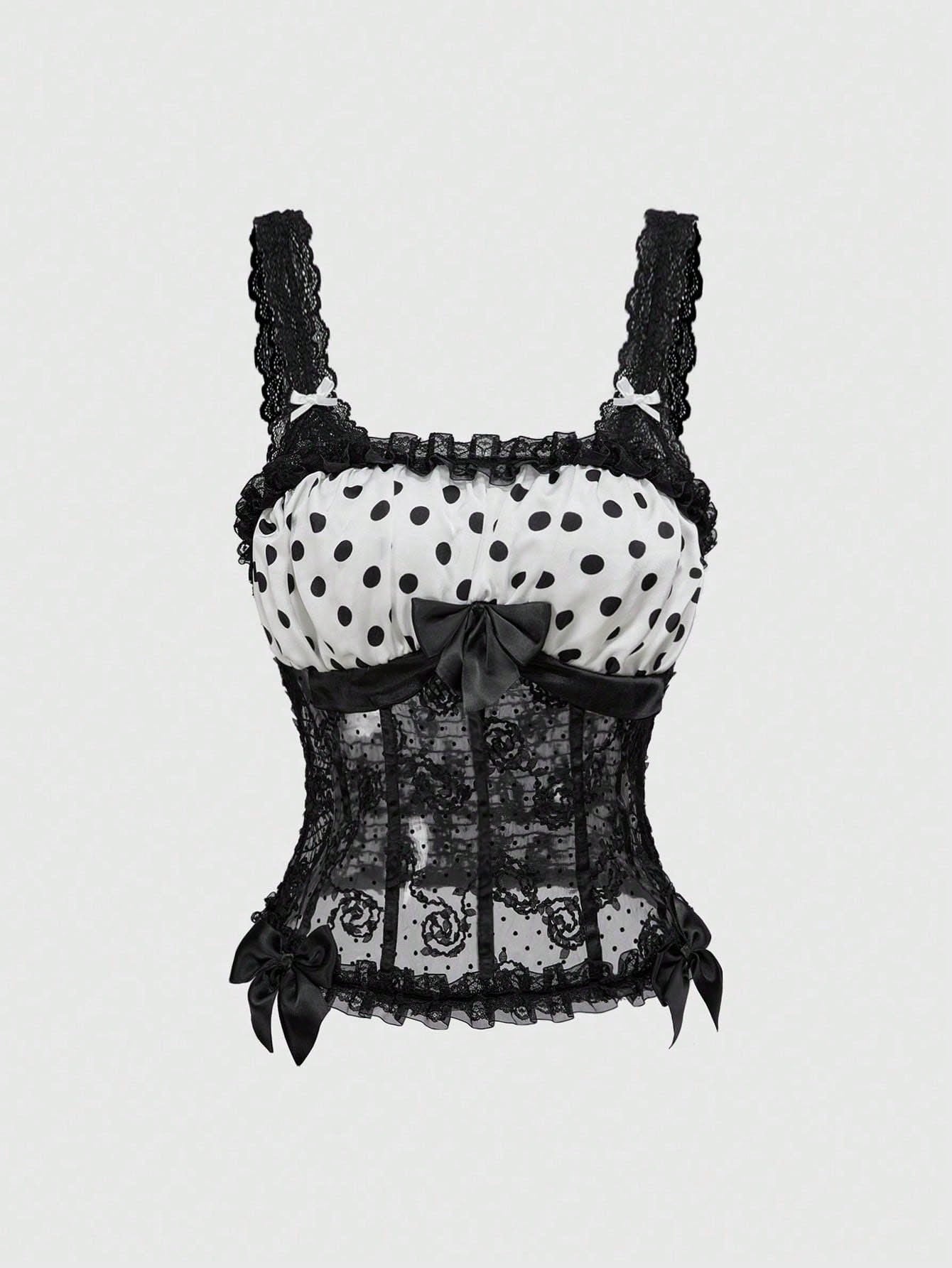 ROMWE Grunge Punk Top de tirantes de encaje y lunares a contraste estilo Y2K para el Día de San Valentín