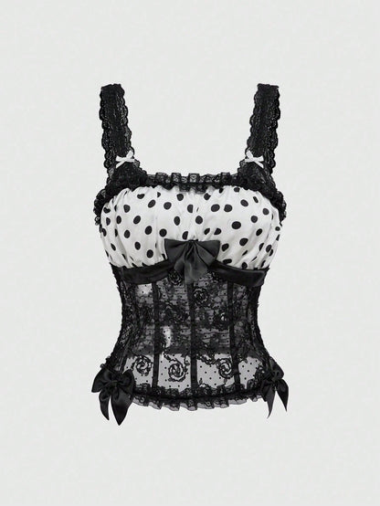 ROMWE Grunge Punk Top de tirantes de encaje y lunares a contraste estilo Y2K para el Día de San Valentín