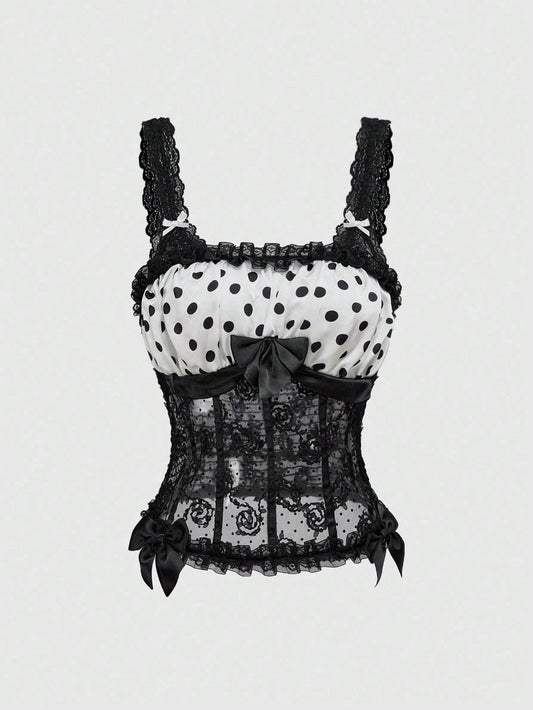 ROMWE Grunge Punk Top de tirantes de encaje y lunares a contraste estilo Y2K para el Día de San Valentín