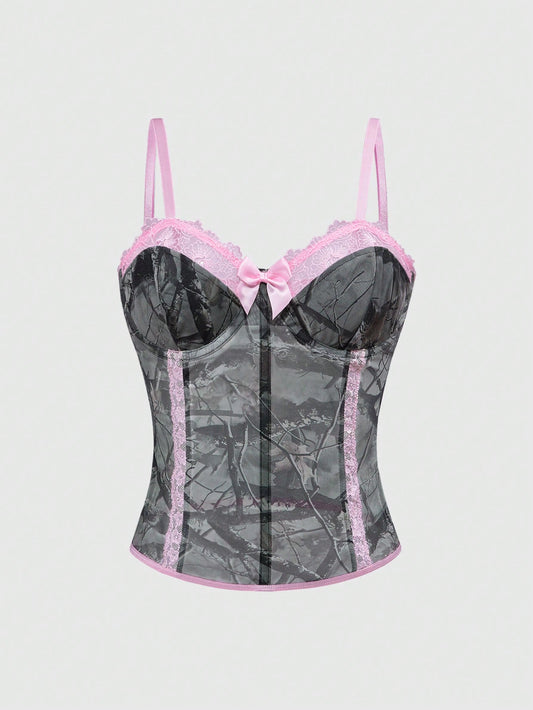 ROMWE Grunge Punk Top de tirantes de malla con adorno de encaje y camuflaje de hojas secas estilo Y2K