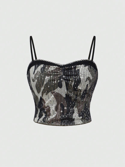 ROMWE Grunge Punk Conjunto de verano "Y2K Baddie" para mujer con top de tirantes con mezcla de camuflaje y encaje con lentejuelas, versátil