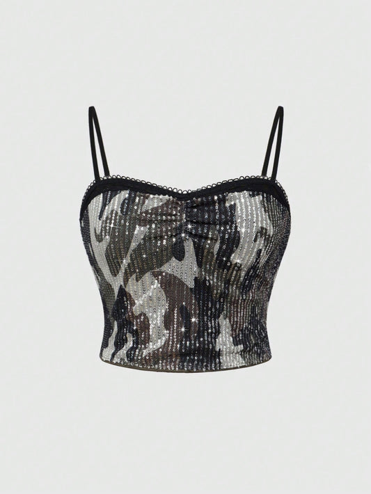 ROMWE Grunge Punk Conjunto de verano "Y2K Baddie" para mujer con top de tirantes con mezcla de camuflaje y encaje con lentejuelas, versátil
