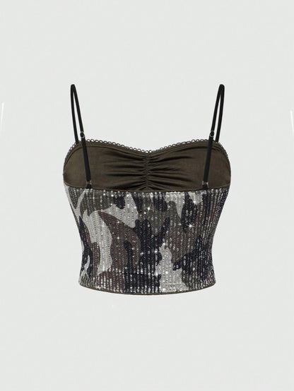 ROMWE Grunge Punk Conjunto de verano "Y2K Baddie" para mujer con top de tirantes con mezcla de camuflaje y encaje con lentejuelas, versátil
