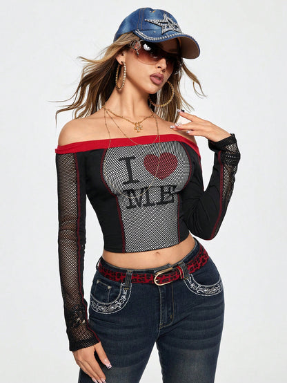 ROMWE Grunge Punk Top transparente de mujer con estampado de letras, corte al hombro y cuello halter en estilo Y2K