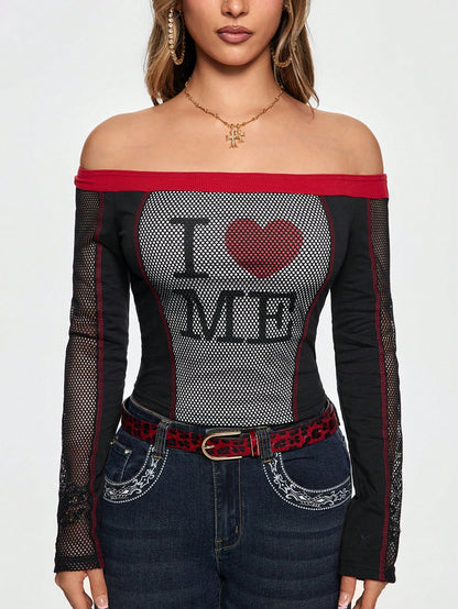 ROMWE Grunge Punk Top transparente de mujer con estampado de letras, corte al hombro y cuello halter en estilo Y2K