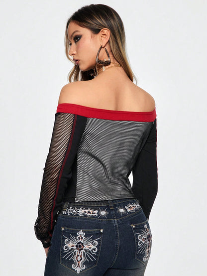 ROMWE Grunge Punk Top transparente de mujer con estampado de letras, corte al hombro y cuello halter en estilo Y2K