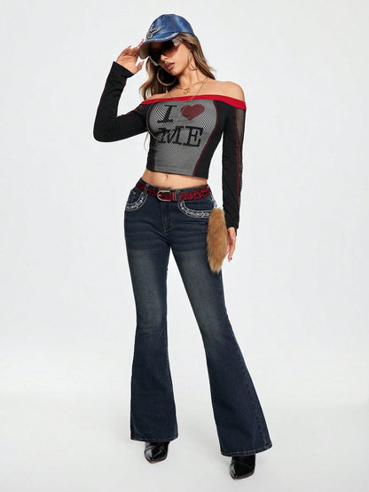 ROMWE Grunge Punk Top transparente de mujer con estampado de letras, corte al hombro y cuello halter en estilo Y2K