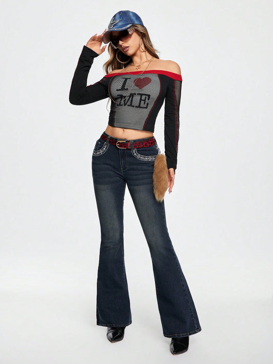 ROMWE Grunge Punk Top transparente de mujer con estampado de letras, corte al hombro y cuello halter en estilo Y2K