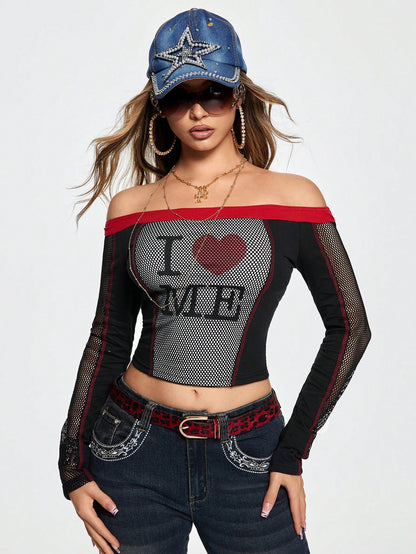 ROMWE Grunge Punk Top transparente de mujer con estampado de letras, corte al hombro y cuello halter en estilo Y2K
