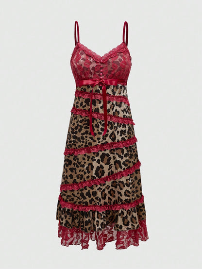 ROMWE Grunge Punk Vestido de largo medio con estampado de leopardo y patchwork, para mujeres, para fiestas y ocasiones formales