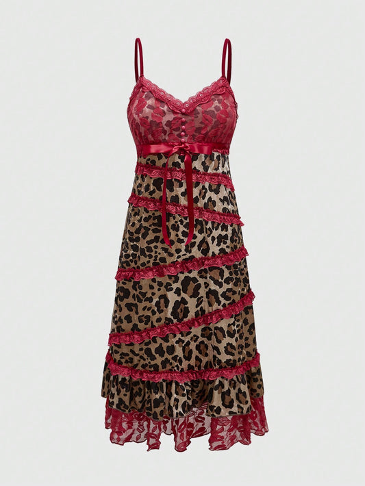 ROMWE Grunge Punk Vestido de largo medio con estampado de leopardo y patchwork, para mujeres, para fiestas y ocasiones formales