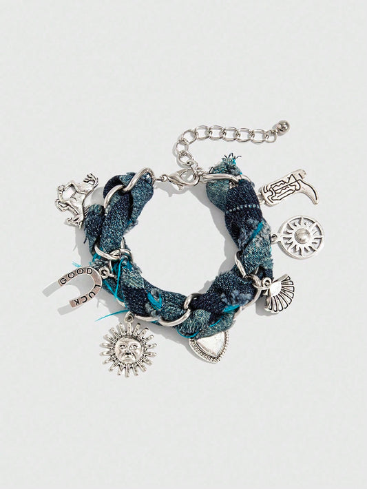 ROMWE Hippie 1 pieza Pulsera de cadena trenzada de estilo occidental de moda con encantos de sol, corazón, bota y colgante de edredón, accesorio de pulsera de encanto único para mujeres