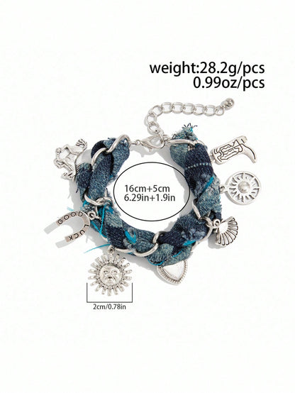 ROMWE Hippie 1 pieza Pulsera de cadena trenzada de estilo occidental de moda con encantos de sol, corazón, bota y colgante de edredón, accesorio de pulsera de encanto único para mujeres